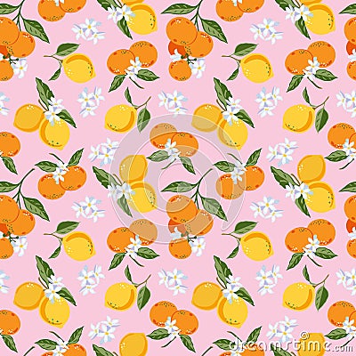Flowering branches of lemon and tangerine Tropical fruits, leaves, flowers. Seamless vector pattern. Stock Photo
