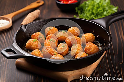 frying pan filled with sizzling miniature breakfast sausages Stock Photo