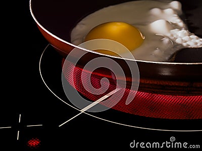 Frying pan with fried eggs on the electric furnace Stock Photo
