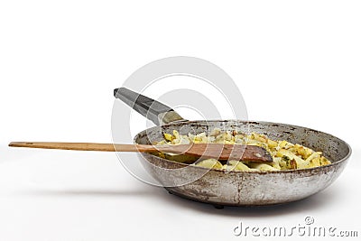 Frying pan with fried potatoes. Stock Photo