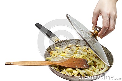 Frying pan with fried potatoes. Stock Photo