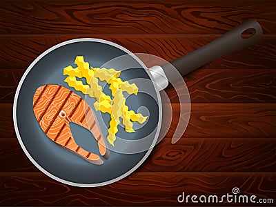 Frying pan salmon french fry wooden table Vector Illustration