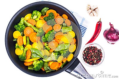 Frying pan with stewed vegetables Stock Photo