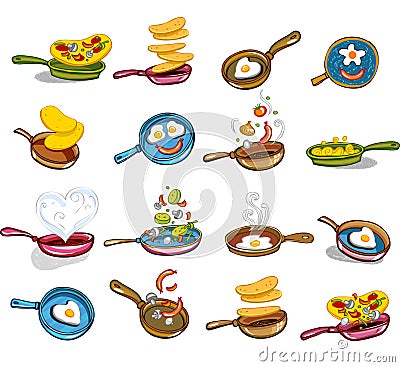 Frying pans with tasty food Vector Illustration