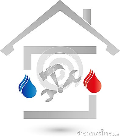 House, water and flame, plumber logo, tools logo, plumber icon, logo Stock Photo