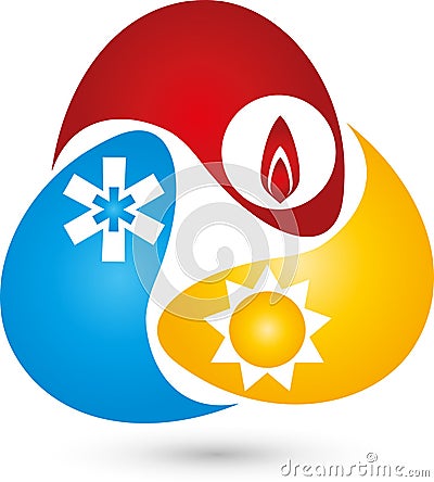 Three drops, sun, snow and fire, air conditioning background, plumber background Stock Photo