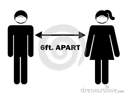 6 ft. Apart Man Woman Stick Figure with facial mask. Pictogram Illustration Depicting Social Distancing during Pandemic Covid19 Vector Illustration