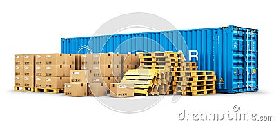 40 ft cargo container and shipping pallets with cardboard boxes Stock Photo