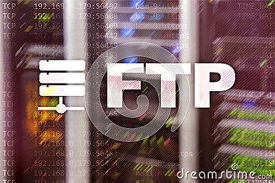 FTP. File Transfer Protocol. Network Transfer data to server on supercomputer background Stock Photo