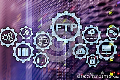 FTP. File Transfer Protocol. Network Transfer data to server on supercomputer background. Stock Photo