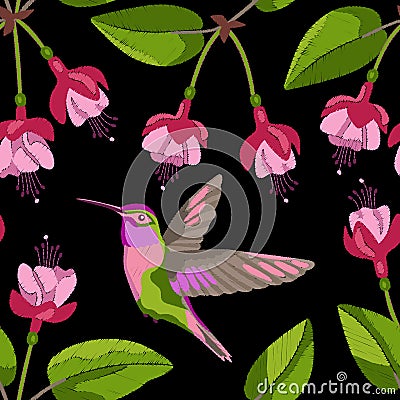 Fuchsia and hummingbird embroidery seamless pattern Vector Illustration