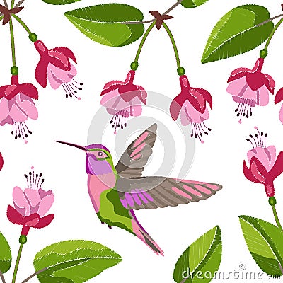Fuchsia and hummingbird embroidery seamless pattern Vector Illustration
