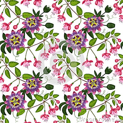 Fuchsia and Passiflora Seamless Pattern Vector Illustration