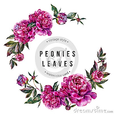 Fuchsia Peonies and Dragonflies Watercolor Wreath Vector Illustration