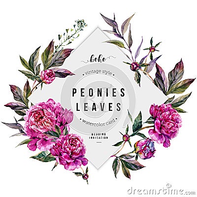 Fuchsia Peonies Greeting Card Vector Illustration