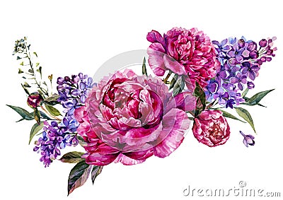 Fuchsia Peonies and Lilac Watercolor Decoration Vector Illustration