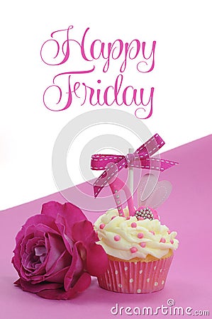 Fuchsia pink theme cupcake with shoe and heart decoration and beautiful rose, with Happy Friday Stock Photo