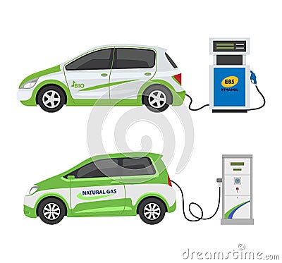 Fuel alternative vehicle vector team-car or gas-truck and solar-van or gasoline electricity station illustration set of Vector Illustration