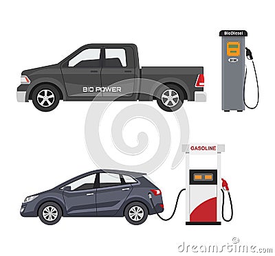 Fuel alternative vehicle vector team-car or gas-truck and solar-van or gasoline electricity station illustration set of Vector Illustration