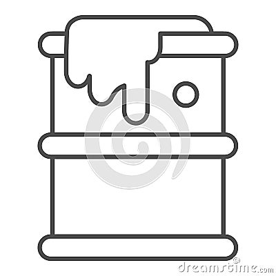 Fuel barrel thin line icon. Leaking chemical metal can, dropped drum container. Oil industry vector design concept Vector Illustration