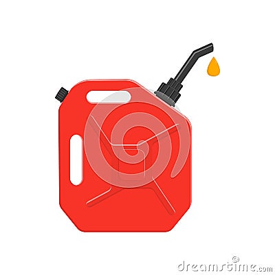 Fuel canister with pouring petrol drop. Leaking gasoline can petrol container isolated on white background. Vector cartoon Vector Illustration