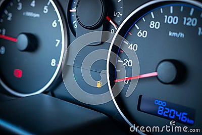 Fuel car gauge empty. Petrol tank meter car indicator on dashboard. Low gasoline level. Empty fuel gas gauge. Stock Photo