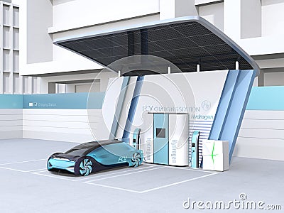 Fuel Cell powered autonomous car filling gas in Fuel Cell Hydrogen Stock Photo