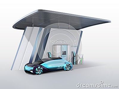 Fuel Cell powered autonomous car filling gas in Fuel Cell Hydrogen Station equipped with solar panels Stock Photo