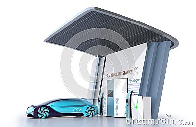 Fuel Cell powered autonomous car filling gas in Fuel Cell Hydrogen Station equipped with solar panels Stock Photo