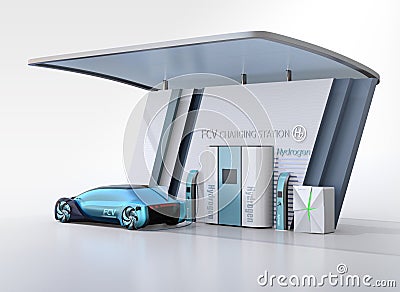 Fuel Cell powered autonomous car filling gas in Fuel Cell Hydrogen Station Stock Photo