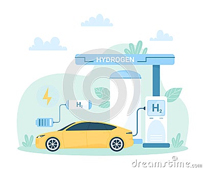 Fuel cell vehicle, H2 station to charge car battery, eco transport with hydrogen engine Vector Illustration