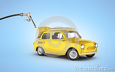 Fuel cost concept retro car is refueled on blue gradient background without shadow 3d illustration Cartoon Illustration