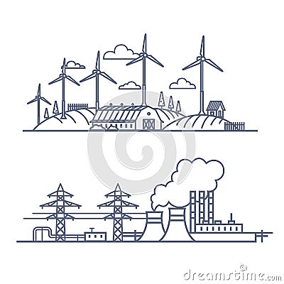 Fuel energy vs green power concept. Vector illustration of renewable electric vs fossil pollution power. Outline style Vector Illustration