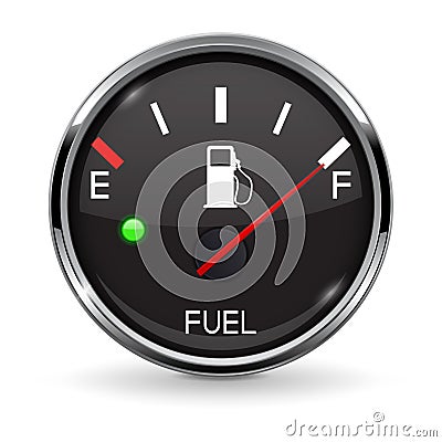 Fuel gauge. Full tank. Round black car dashboard 3d device with chrome frame Vector Illustration