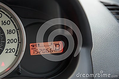 Fuel gauge with warning indicating low fuel tank, gas gauge indicating icon for gas station. empty Petrol, gasoline gauge dash bo Stock Photo