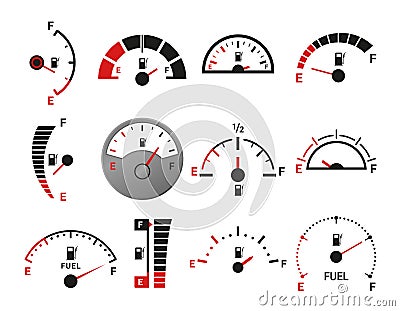 Fuel indicator with arrow set realistic vector automobile dashboard petrol engine control Vector Illustration