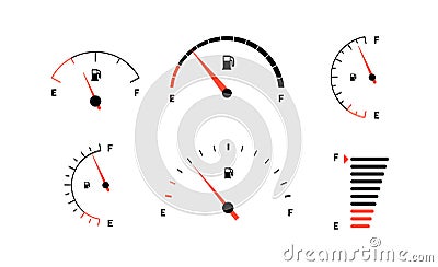 Fuel indicator meter or fuel gauge for petrol, gasoline, diesel level count. Control gas tank fullness. Set of fuel Vector Illustration