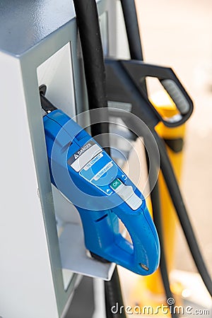 close up of gasoline nozzle at gas station Stock Photo