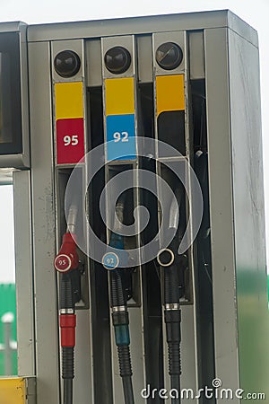Fuel pumps on the petrol filling gas station Stock Photo