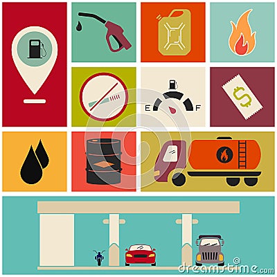 Fuel station icons. Retro color Vector Illustration
