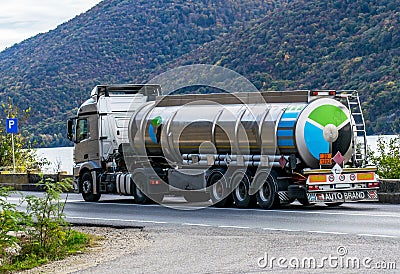 Fuel tank - petrol and diesel. Fuel truck on a street Editorial Stock Photo