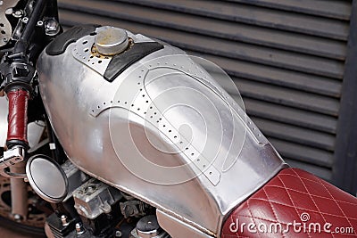 Fuel tank silver vintage motorbike cafe racer style ancient of motorcycle with retro chrome cap Stock Photo