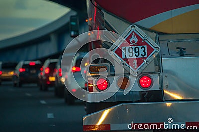 Fuel tanker truck taillights with flammable hazard sign 1993, i traffic Editorial Stock Photo