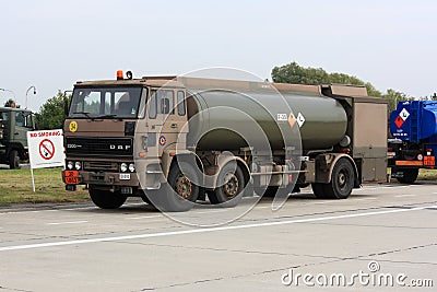 Fuel truck and warning sign Editorial Stock Photo