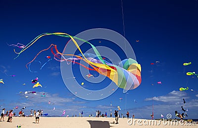 FUERTEVENTURA, SPAIN - NOVEMBER 10: Visitors enjoy beautiful display of flying kites of at 31th International Kite Festival, Editorial Stock Photo