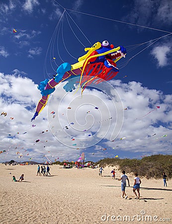 FUERTEVENTURA, SPAIN - NOVEMBER 10: Visitors enjoy beautiful display of flying kites of at 31th International Kite Festival, Editorial Stock Photo
