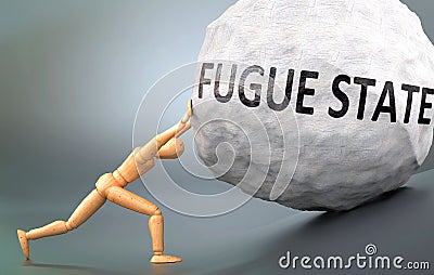 Fugue state and painful human condition, pictured as a wooden human figure pushing heavy weight to show how hard it can be to deal Cartoon Illustration