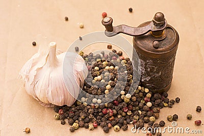 Fugural still life photo image of pile of spices, garlic, craft Stock Photo