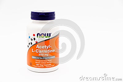 Now Foods, Acetyl-L-Carnitine, 500 mg, 100 Veg Capsules. Isolated on white background. Copy space Editorial Stock Photo