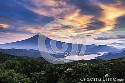 Fuji Mountain and Fujikawaguchiko at sunset in Summer Stock Photo